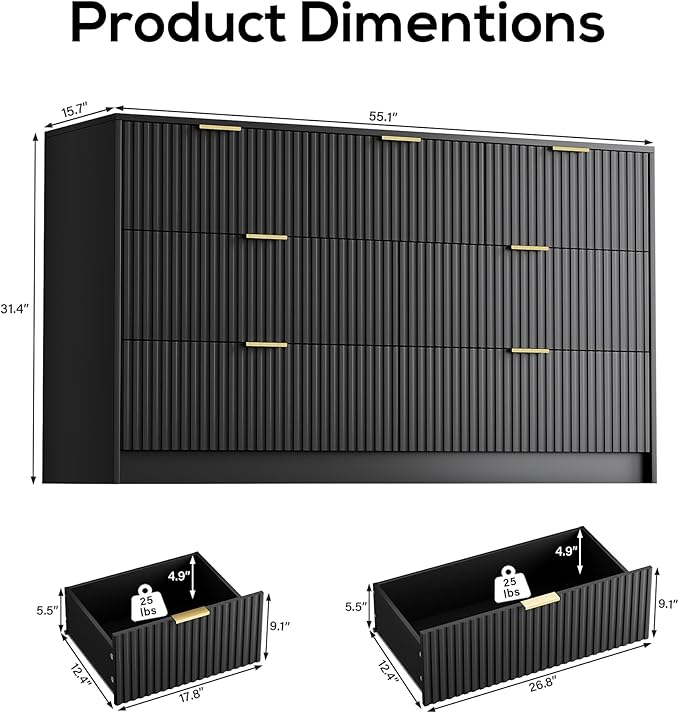 Black Dresser for Bedroom, Modern Dresser with 7 Drawers and Smooth Slides, Wide Chest of Drawers with Golden Handles for Bedroom, Living Room, Closet, 15.7" D x 55.1" W x 31.4" H
