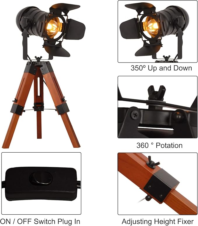 Modern Industrial Vintage Tripod Floor Table Lamp - Metal Wooden Nautical Cinema Standing Searchlight - Reading Light for Living Room Movie Theatre Decoration Adjustable Height (excluding Bulb)