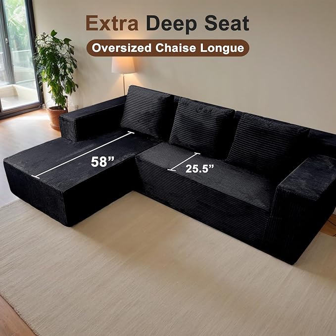 103" Cloud Sectional Sofa, Boneless L-Shape Couch with Chaise, Modern Minimalist Modular Couch for Living Room, Free Combination, Deep Seat, No Assembly Required, Premium Corduroy, Black, L