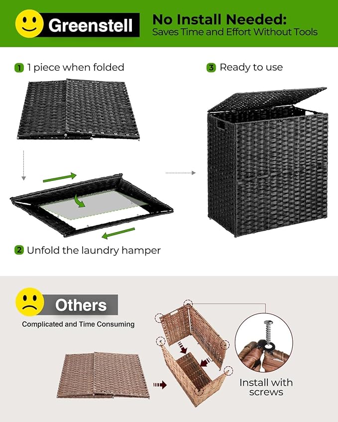 Greenstell Laundry Hamper with lid, No Install Needed, 110L Wicker Laundry Baskets Foldable 2 Removable Liner Bags, 2 Section Clothes Hamper Handwoven Rattan Laundry Basket with Handle, Black