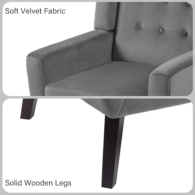 Accent Chair, Mid-Century Modern Velvet Fabric Chairs with Arms for Living Room, Comfy Upholstered Club Single Sofa Armchair for Bedroom Waiting Room with Solid Wood Frame (Velvet Grey, Set of 2)