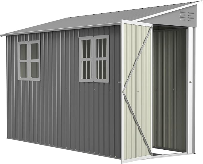 4x10 Ft Outdoor Metal Shed, Heavy-Duty Storage Shed with Floor Kit for Tools and Bikes, Lean to Shed with Left/Right Door and 2 Windows