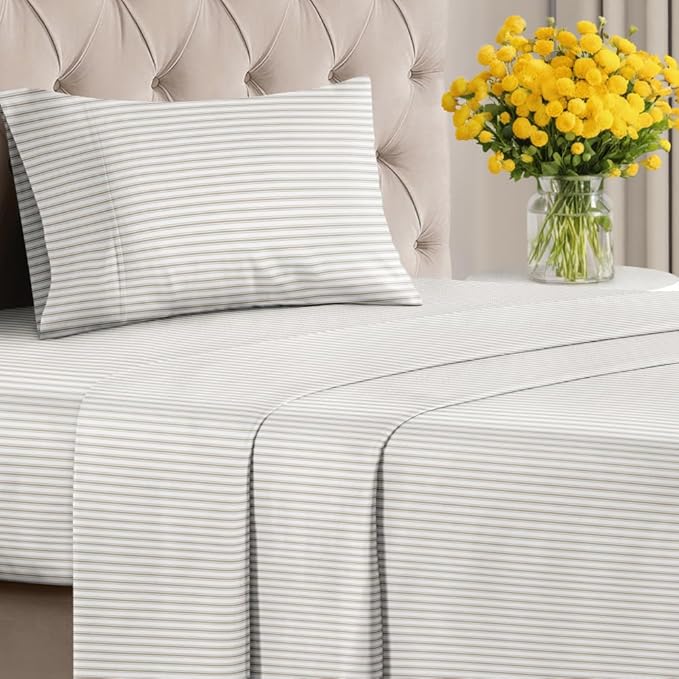 Grey Striped Sheets - 1 Flat & 1 Fitted Sheet & 1 Pillowcase w/ Deep Pockets - Comfy, Cozy, Wrinkle and Fade Resistant - Ultra Soft, Breathable and Cooling - Luxury Pinstripe Bedding - Twin Size