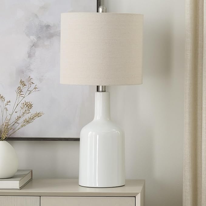 Nourison Home 22" Glossy White Ceramic Table Lamp for Modern, Transitional, Bedside Table, Living Room, Dining, Entryway