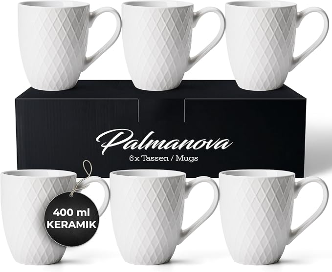 MIAMIO - Coffee Mugs set of 6 / Coffee Cups - 6 x 14 Oz Ceramic Mugs - Large Coffee Mugs - Microwave & Dishwasher safe - Palmanova Collection (White)