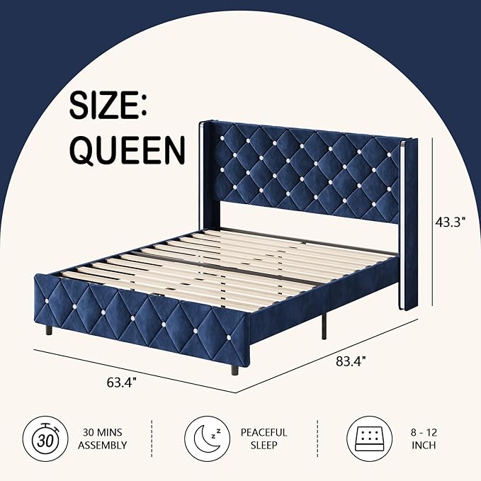 HOMBCK Queen Size Bed Frame with Headboard, Blue Queen Bed Frame with Wingback, Upholstered Bed Frame with Diamond Headboard, Wood Slat Support, No Box Spring Needed, Easy Assembly
