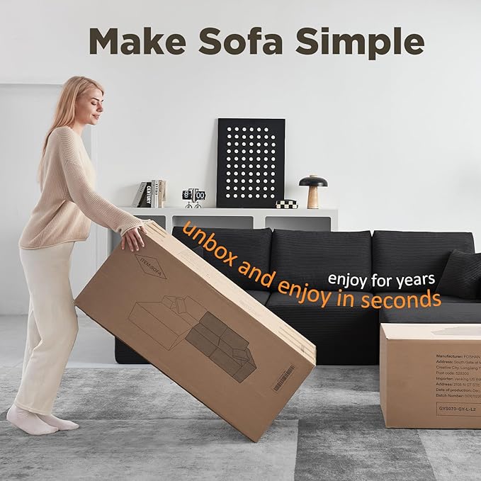 INGEROOM 108" Cloud Sectional Couch, Modular Sectional Sofa with L-Shaped Chaise, Modern Plush Corduroy Couch for Living Room Bedroom（Black）