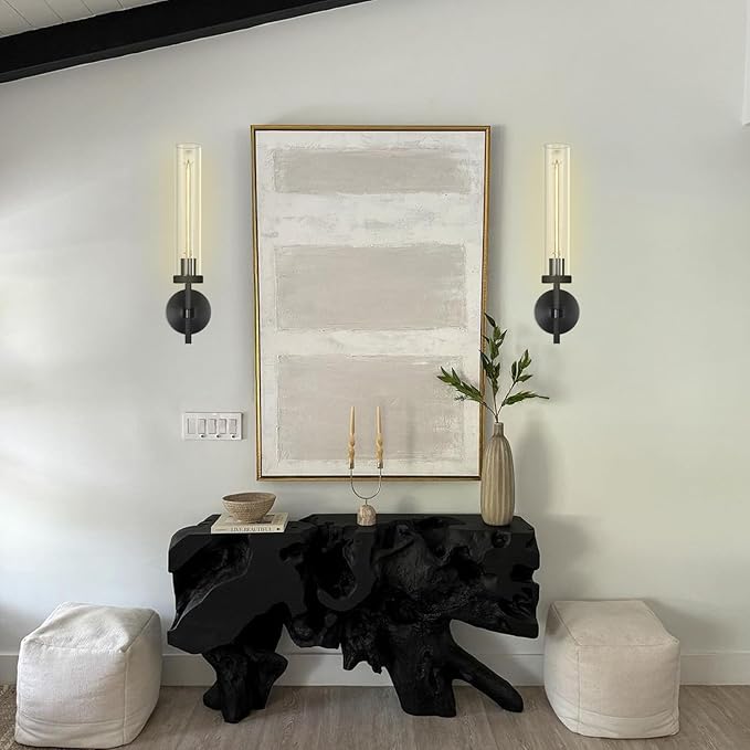 Black Wall Sconces Bathroom Vanity Light Fixtures, Glass Tube Wall Sconces Solid Copper Base, Sconces Wall Lighting Indoors, Wall Lights For Mirror, Living Room, Bedroom, Hallway (Including Bulb)