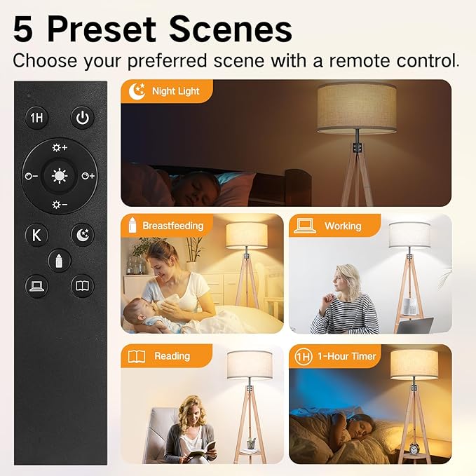 OUTON Dimmable Wood Tripod Floor Lamp with Shelves, Remote Control, Mid Century Modern Standing Lamp 58.5" for Bedroom, Living Room, and Office, Flaxen Lamp Shade Include E26 9W Bulb