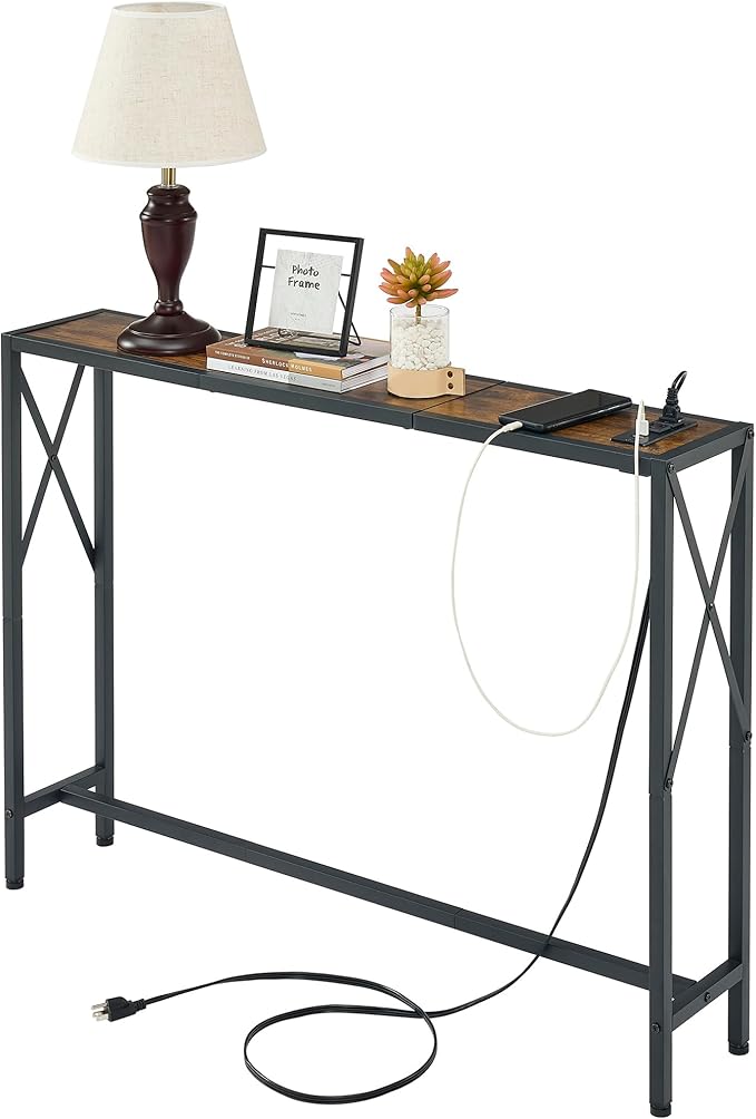 41.8" Console Table, Narrow Behind The Couch Table with Outlet, Industrial Skinny Stand for Hallway, Entryway, Living Room, Bedroom, 6.5 Feet Power Cord,Rustic Brown