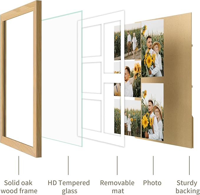 Solid Oak Wood Frame - 11x14 Natural Wooden Picture Frames with Real Tempered Glass,5 Opening 4x6 with Mat or 11x14 Without Mat for Wall Decor Art Photo(Color Natural)