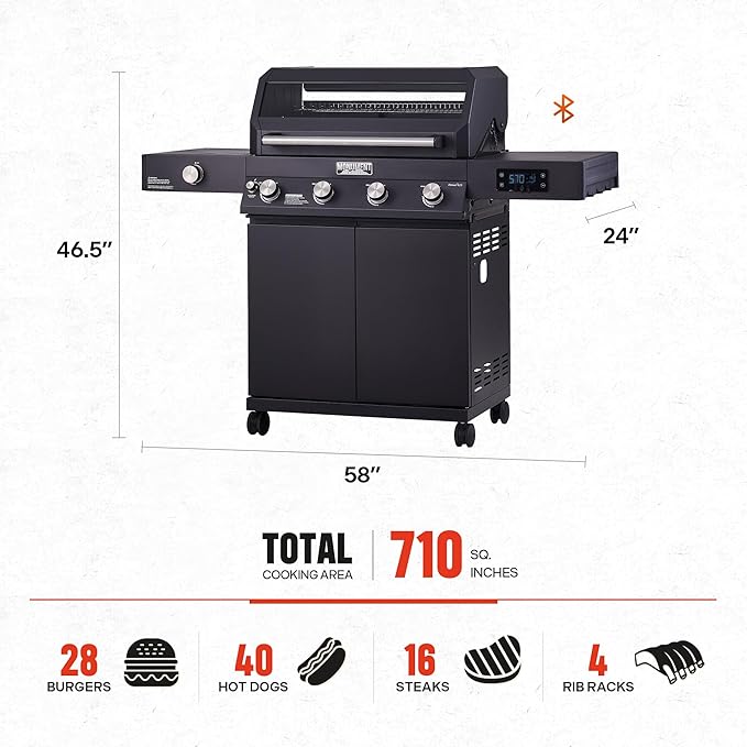 Monument Grills 4+1 Liquid Propane Gas Smart BBQ Grill, 4 Burners & 1 Side Burner Denali 425 with Smart Technology and Knob Controls, Black