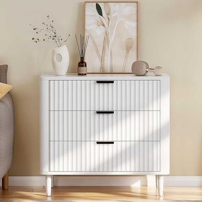 DWVO Fluted 3 Drawer Dresser, 32.5 Wider Modern Dressers Chest of Drawers with Solid Wood Legs, Wood Storage Dresser Organizer for Dorms, Flats, Living Rooms, Hallways, White