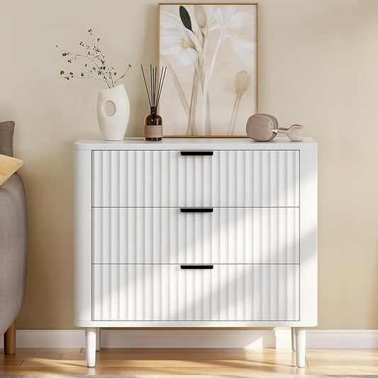 DWVO Fluted 3 Drawer Dresser, 32.5 Wider Modern Dressers Chest of Drawers with Solid Wood Legs, Wood Storage Dresser Organizer for Dorms, Flats, Living Rooms, Hallways, White