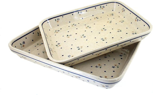 Blue Rose Polish Pottery - Off-white Country Meadow Rectangular Baker Set - 2 Bakers - Unique, Dishwasher Safe, & Durable Bakeware