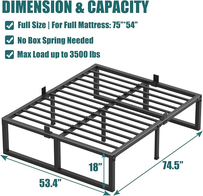 Full Size Bed Frame, 18 Inch Heavy Duty Support 3500 lbs Metal Platform, No Box Spring Needed/Noise Free/Non-Slip/Steel Slat Support/Easy Assembly