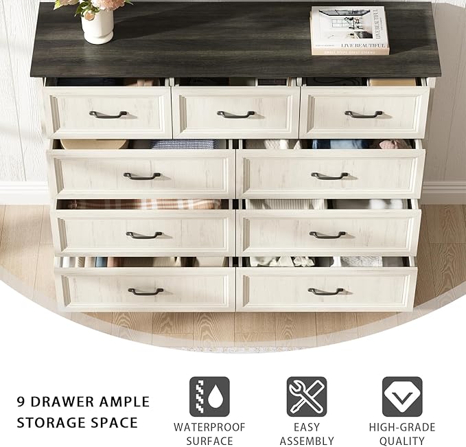 Farmhouse 9 Drawer Dresser for Bedroom, 55 Inch Wide Modern White Dresser TV Stand with Large Drawers & Bar Handles, Rustic Wood Chest of Drawers for Bedroom, Living Room, Hallway, Entryway.