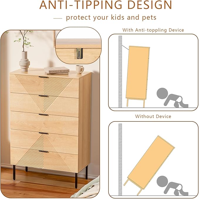 5 Drawer Dresser for Bedroom Set of 2, Fluted Tall Dresser for Closet, Wooden Chest of Drawers for Living Room, Hallway (2, Natural Oak)