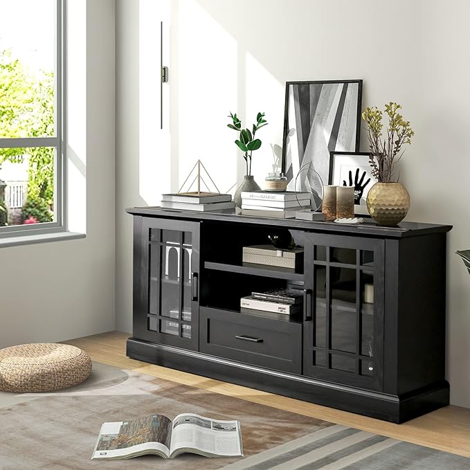 Tangkula Farmhouse TV Stand for TV up to 70 Inch, Tall Media Console Table w/2 Glass Doors, Entertainment Center w/Cubbies & Drawer, Storage Cabinet or Sideboard Buffet for Living Room (Black)