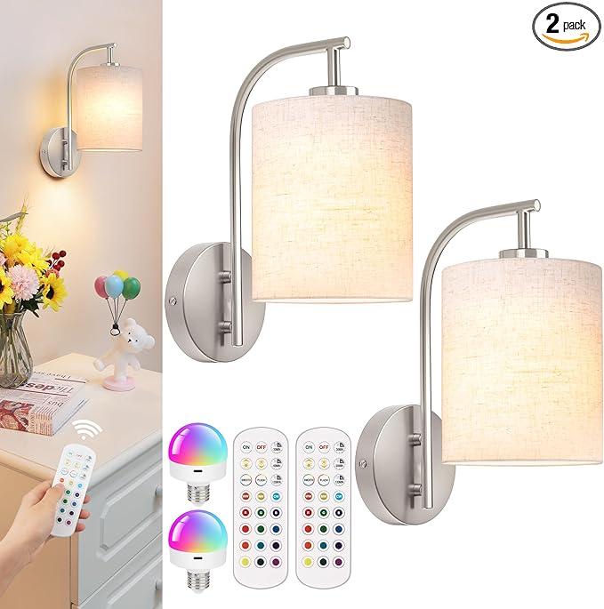 Battery Operated Wall Sconce Set of 2, Brushed Nickel Rechargeable Dimmable Wall Light Fixture Remote, 12 RGB Colors & Timer, Wireless Lamp White Shade