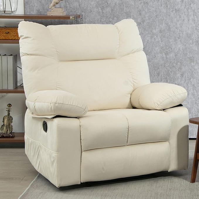 Large Boy Lazy Recliner Chair for Adults, Extra Soft and Wide Back Recliner Sofa in Velvet, Overstuffed Manual Reclining Chair for Living Room, Bedroom, Reception Room, Office, White Cream