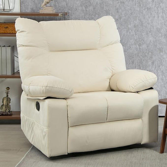 Large Boy Lazy Recliner Chair for Adults, Extra Soft and Wide Back Recliner Sofa in Velvet, Overstuffed Manual Reclining Chair for Living Room, Bedroom, Reception Room, Office, White Cream
