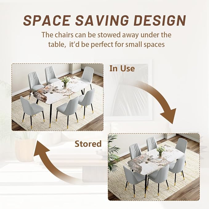 Dining Room Table Set for 6, Dinner Table Set for 6, Sintered Stone Kitchen Table Top and Modern Chairs Set of 6 for Kitchen Dining Room