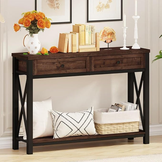 BON AUGURE Console Table with 2 Drawers, Entryway Tables with Storage, Sofa Table Behind Couch for Living Room, Farmhouse Entry Tables for Hallway, Foyer, Front Door (Rustic Oak, 47 Inch)