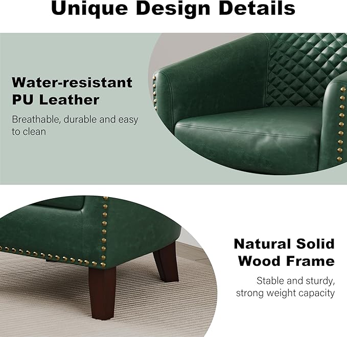 Accent Barrel Chair, Upholstered Faux Leather Club Chair with Nailed Trim, Comfy Reading Armchair for Living Room Bedroom Reception Room Office (Dark Green, Set of 1)