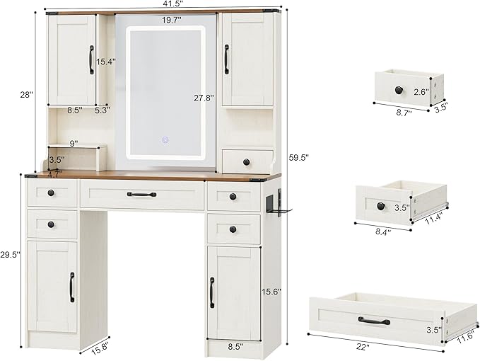 KAMABOKO Farmhouse Vanity Desk with Mirror and Lights, Large Makeup Vanity with 6 Drawers and 4 Storage Cabinets, 3 LED Lights Modes, White Dressing Table Set for Girls Bedroom