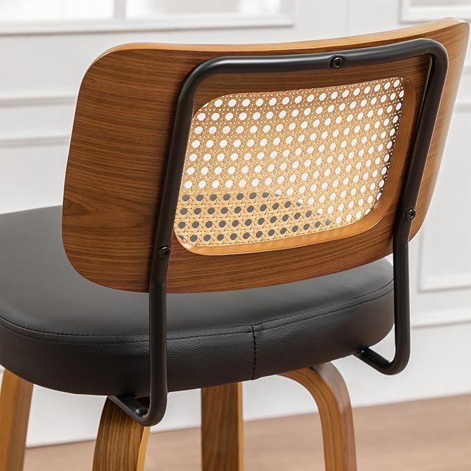 Swivel Counter Height Stools - 26 inch Counter Stools Set of 2 with Curved Rattan Back, Walnut Craftsmanship, Upholstered Seat, Counter Height Bar Stool for Island/Pub/Kitchen (26" Seat Height, Black)