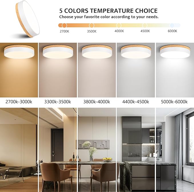 Dimmable Modern Wood Ceiling Light, White LED 5CCT 2700K-6000K Flush Mount Ceiling Lighting Fixture, Round Light Fixtures for Kitchen Entryway Hallway Bedroom Laundry Room-11.8in