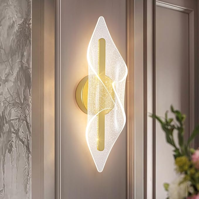 Hardwired Wall Sconce 22.4Inch, Modern Gold LED Wall Lamp with Remote Control Dimmable Acrylic Wall Lighting for Living Room Hallway Bedroom Stairs