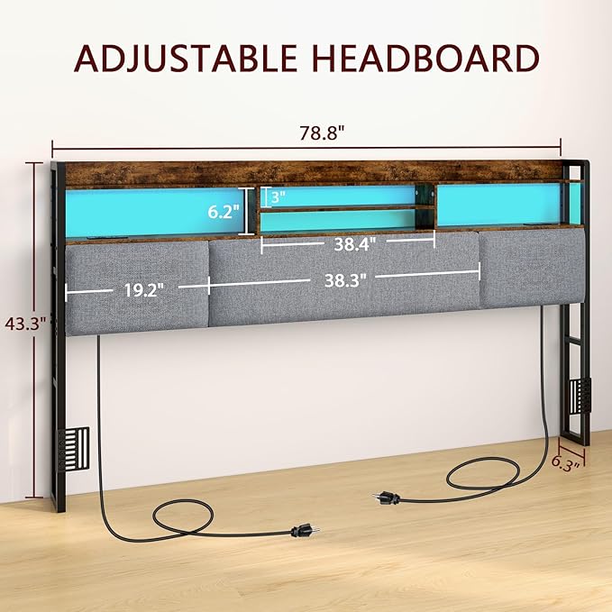 King Size Upholstered Headboard with 2 Outlets and LED Lights, King Bed Headboard with Charging Station & Storage Shelves, King Headboard Only, Height Adjustable, Easy Assembly, Brown