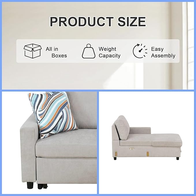 Sofa Bed Pull Out Couch, Convertible L Shaped Sleeper Sofa with Storage Chaise, Modern Lounge Small Sectional Couches for Living Room Small Spaces, Grey
