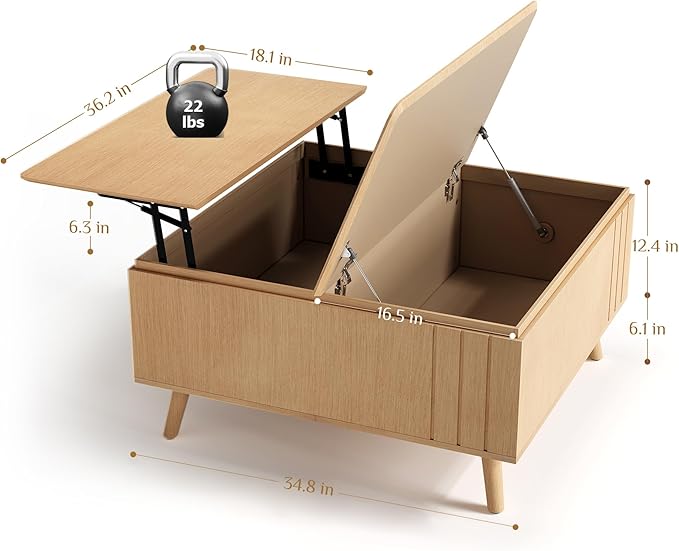 36.2" Lift Top Coffee Table with Storage, Large Square Coffee Tables with Hidden Compartment, Mid Century Modern Center Table for Home Office,Living Room,Oak