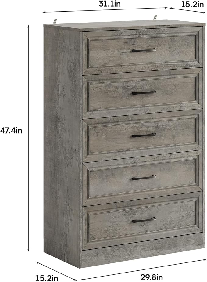Fameill Dresser for Bedroom, 5 Drawer Tall Dresser Organizer, TV Stand for Livingroom, Chest of Drawers with Metal Handles, Ash Grey