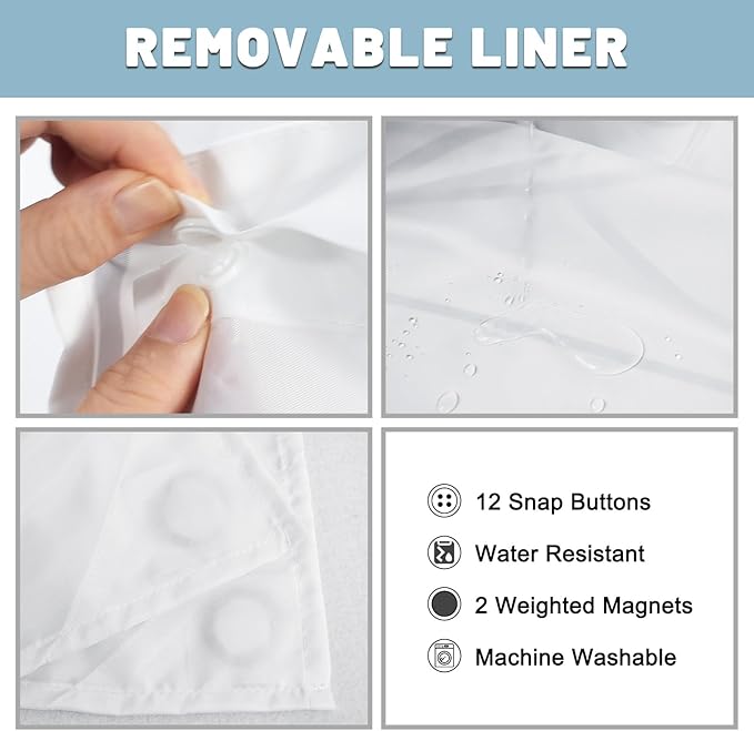 No Hook Light Grey Striped Shower Curtain with Snap in Liner Set - Hotel Shower Curtain and Liner Set with See Through Mesh Top Window,Machine Washable, 71x74 INCH