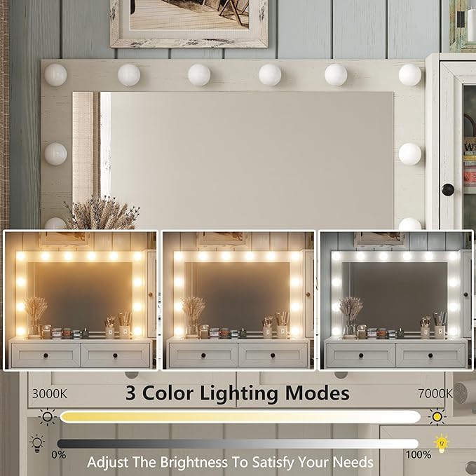 Large Farmhouse Mirror Vanity Desk with LED Bulbs White Makeup Table Set Glass Tabletop for Bedroom Charging Station & Power Outlet Adjustable Light Mode