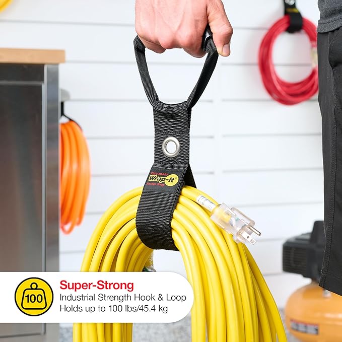 Easy-Carry Wrap-It Storage Straps - 17" (2-Pack) Black with Grommet - Extension Cord Organizer with a Handle for Cable and Hose Storage