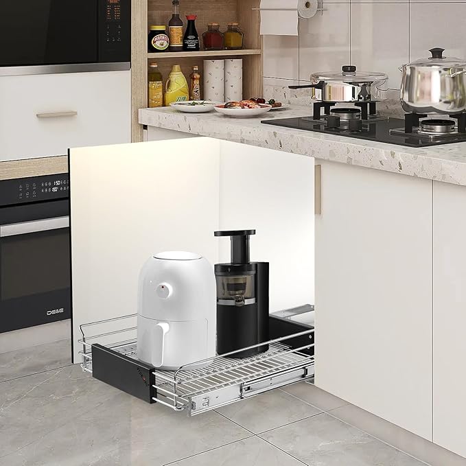 Expandable Pull Out Cabinet Organizer, Slide Out Drawers for Kitchen Cabinets, Heavy Duty Storage Drawers, Chrome Plated Cabinet Wire Shelf, Adjustable Width 12.5~20.2" W x 17.3" D