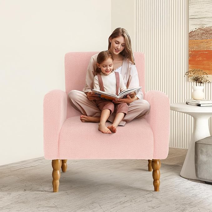 Chenille Fabric Accent Chair, Upholstered Armchair with Solid Wood Legs, Modern Living Room Accent Chair, Comfy Single Sofa Chair Reading Club Chair for Bedroom Reception Lounge, Pink