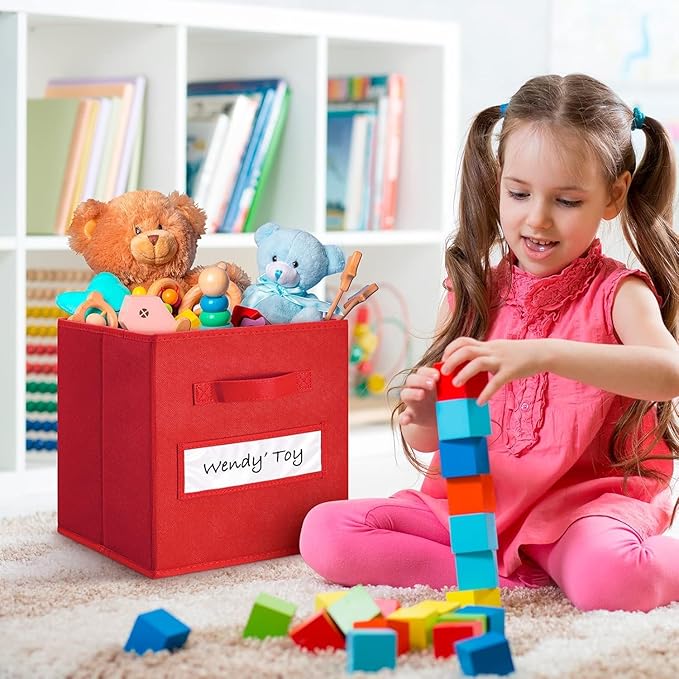 artsdi 13x13x13 storage cube bins(Set of 10) Fabric storage cubes with 10 Labels Window Cards & a Pen, storage cubes 13x13, Collapsible 13 inch cube storage bins, Cubby Organizer Boxes, Red
