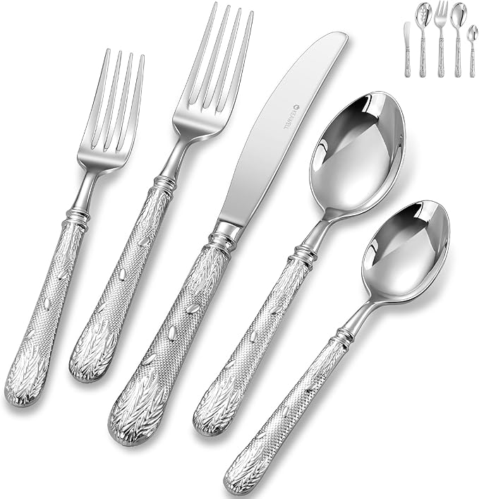 KEAWELL Premium Versailles Silverware Set, 45-Piece flatware set for 8, 18/10 Stainless Steel, Heavy-Duty, Mirror Polished, Royal Engraved Handle, For Formal Dining, Dishwasher Safe (45, Silver)