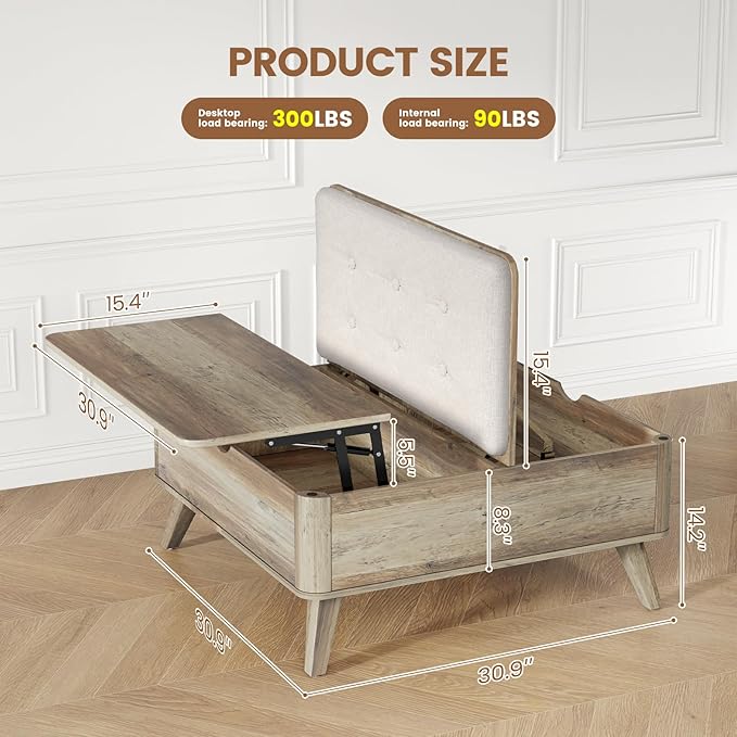 VOPEAK Lift Top Coffee Table with Storage, Large Square Coffee Table with Thickened Cushion, Family Gathering Center Table, Modern Wooden Coffee Tables for Living Room, Solid Wood Legs, Gray