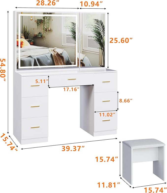 Makeup Vanity Desk with Large Mirror and LED Lights,White Vanity with Hidden Storage Mirror Cabinet&7 Drawers,Vanity with Chair,Makeup Organizer Countertop for Room (White)