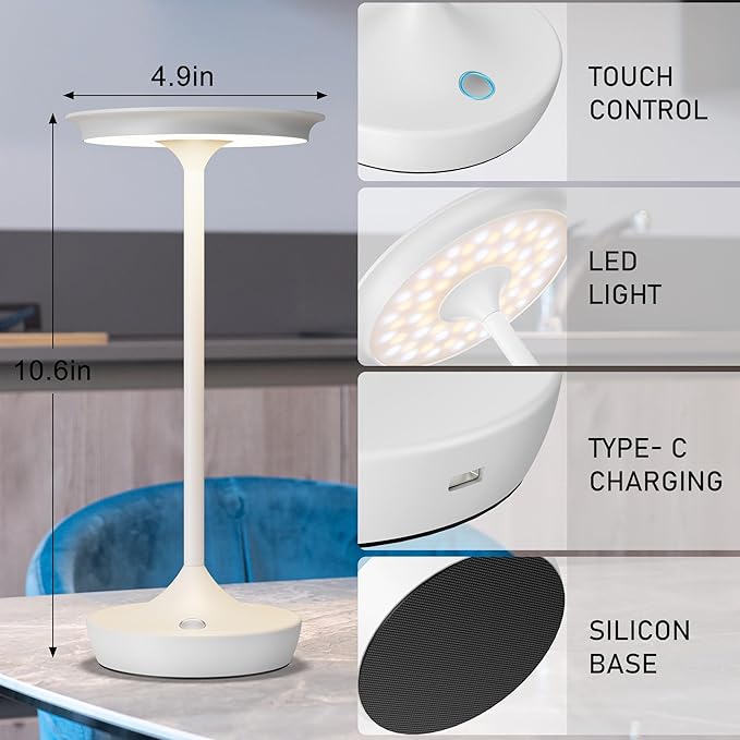 YHT Cordless Rechargeable Table Lamps, Portable 6000mAh Battery Desk Lamp Waterproof 3 Color Stepless Dimming LED Table Light with Memory Function for Outdoor/Dinning/Patio/Restaurant (White 2Pack)