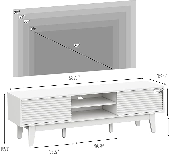 Fluted TV Stand for 55 65 Inch TV, Mid Century Modern Entertainment Center with Shelves, Cabinets & Sliding Doors, TV Media Console Table with Wood Feet & Cord Holes for Living Room, Bedroom, White