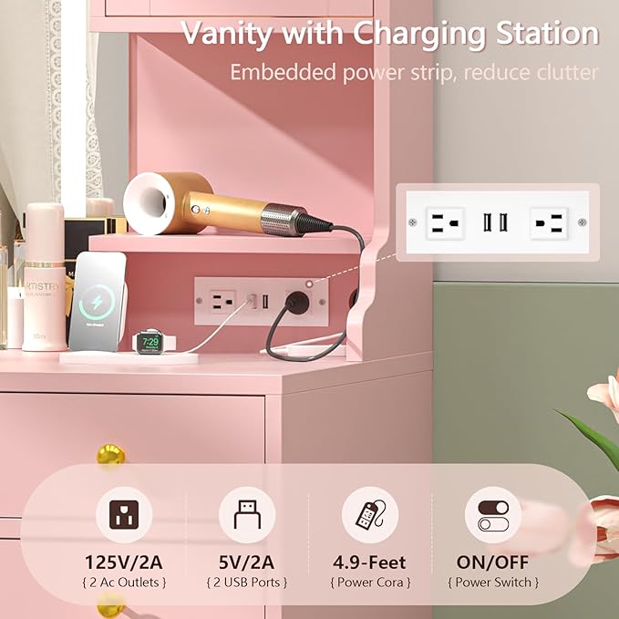 Vanity Desk with Mirror and Lights, Makeup Vanity Table with Power Outlet, Dressing Vanity Table Set with 6 Drawers & 4 Cabinets, 3 Color Modes & Brightness Adjusted, for Bedroom Room, Pink