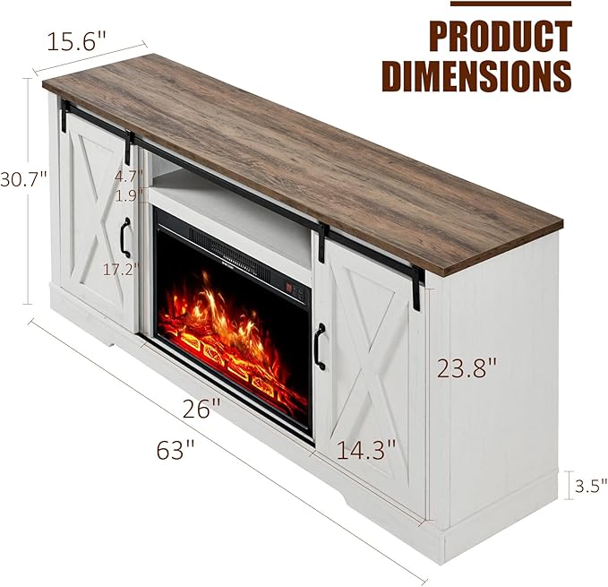 AMERLIFE Fireplace TV Stand with Sliding Barn Door for TVs up to 73", Farmhouse 63" Fireplace Entertainment Center with Storage Cabinets/Adjustable Shelves, Distressed White & Barnwood